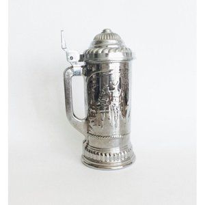 Vintage Avon Glass & Metal Silver Beer Stein Lidded Tall Embossed Hunters Scenes